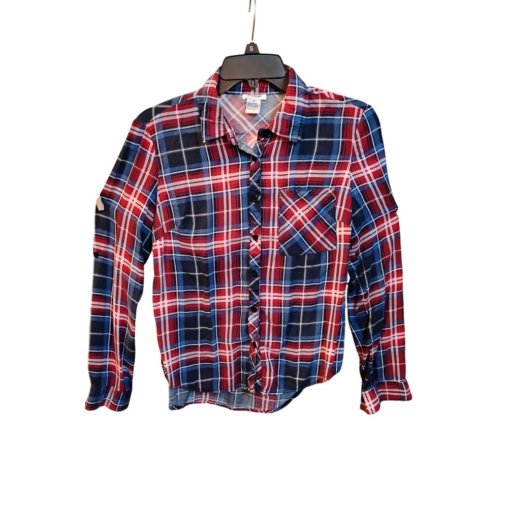 Prototype Womens Red Blue Plaid Button Down Shirt Rayon Long Sleeve Size Medium